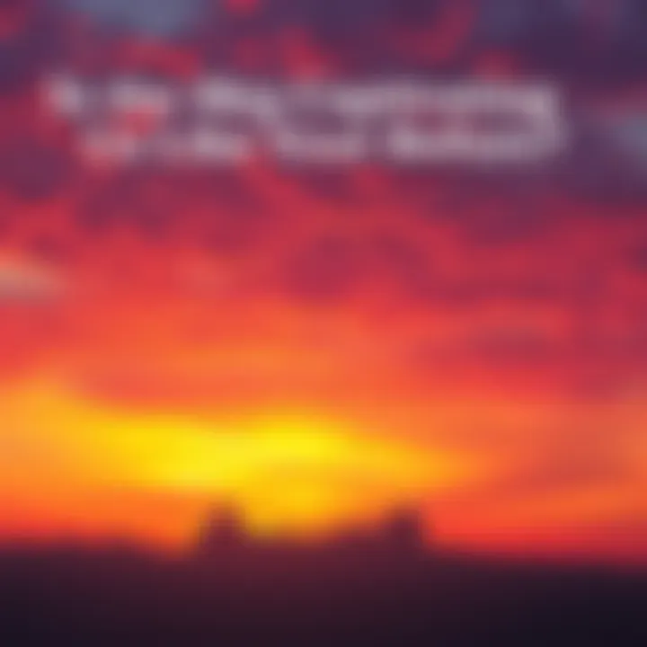 A vibrant sunset with shades of orange and purple in the sky, featuring unique cloud patterns