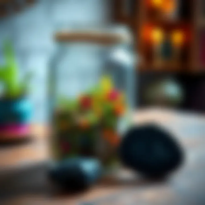 A colorful spell jar filled with herbs and a black agate crystal placed on a wooden table