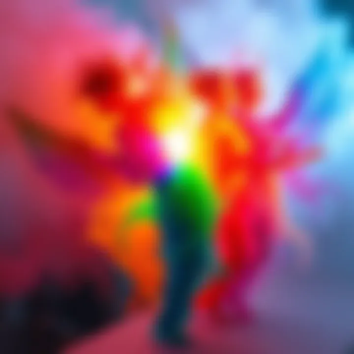 A vibrant representation of spirits symbolizing various sexual identities, with rainbow colors and ethereal forms.