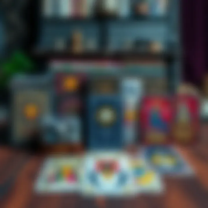 A variety of unique tarot decks displayed on a wooden table, showcasing their mystical themes and artistic designs.