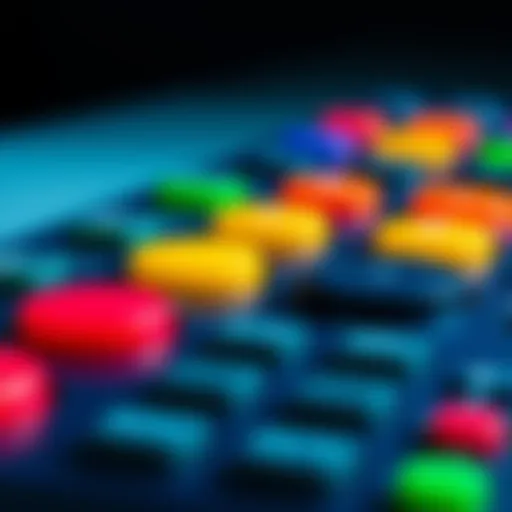 A close-up of a TV remote with vibrant colored buttons, highlighting red, green, yellow, and blue buttons ready to be pressed.