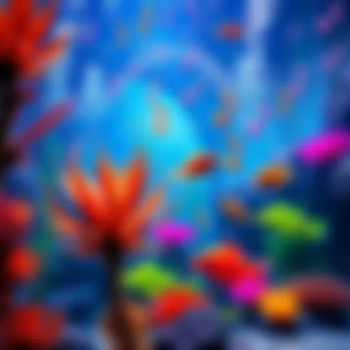 An underwater view showcasing vibrant aquatic plants and fish with jazz music notes floating above.