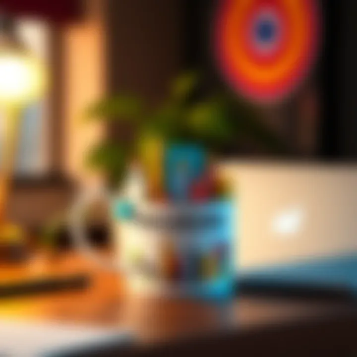 A cheerful work mug with Philadelphia landmarks, sitting on a desk with a laptop, symbolizing vacation memories and workplace motivation.