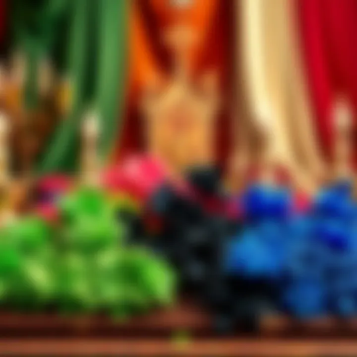 A vibrant display of colors typically linked to Hermes, including green, black, and blue, arranged creatively for altar decoration.