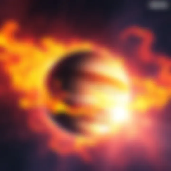 A vibrant representation of Jupiter surrounded by flames, symbolizing its combusted state, with a celestial background.