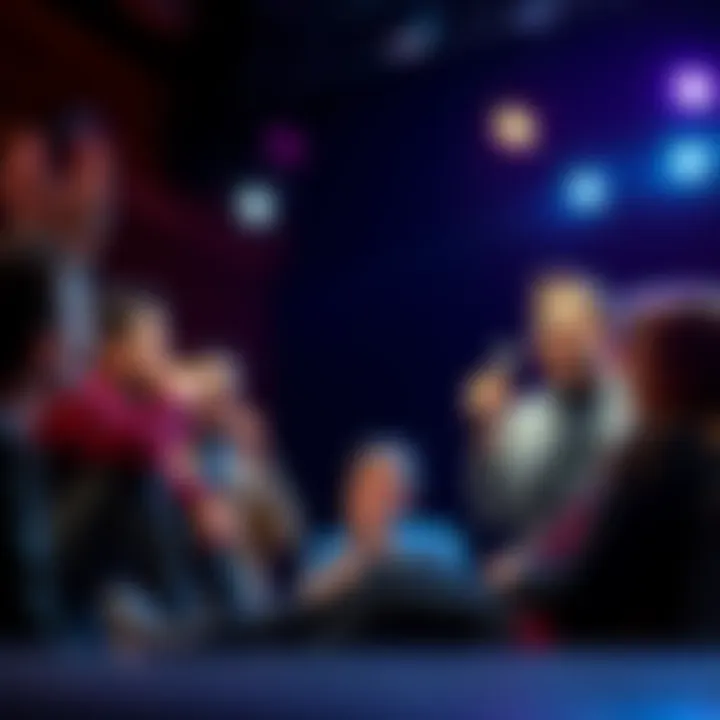 A group of comedians on stage discussing jokes about serious topics, with an audience reacting mixed emotions of laughter and shock.