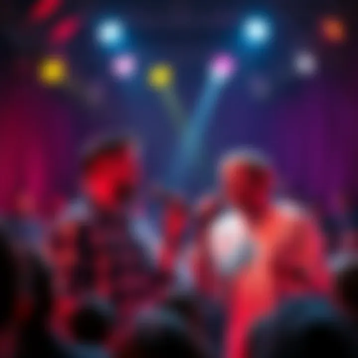 Two comedians on stage with microphones making the audience laugh, showcasing a lively comedy show atmosphere