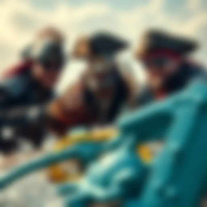 A group of people dressed in humorous pirate costumes, searching for treasure with silly props on Oak Island.