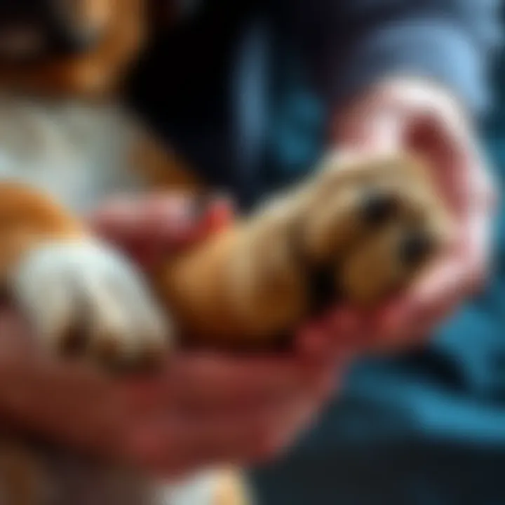 A person gently holding a dog's paw with a look of sadness, symbolizing the bond and loss of a pet.