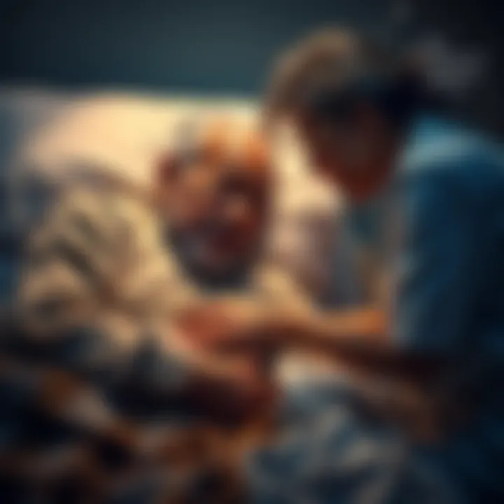 A caring family member holds the hand of a 92-year-old man in hospice, providing comfort as he sleeps peacefully.