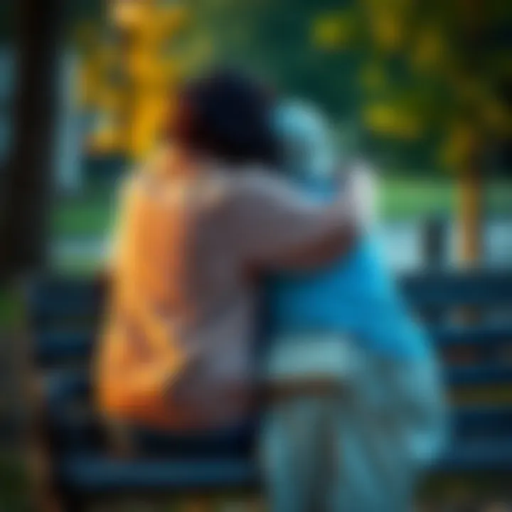 One friend hugs another while sitting together on a park bench, showing support during a difficult time
