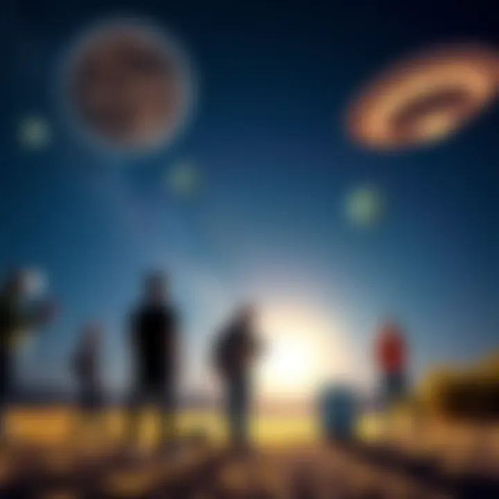 A group of people standing outside at night, looking up at a starry sky while using various devices to try to communicate with extraterrestrial beings.