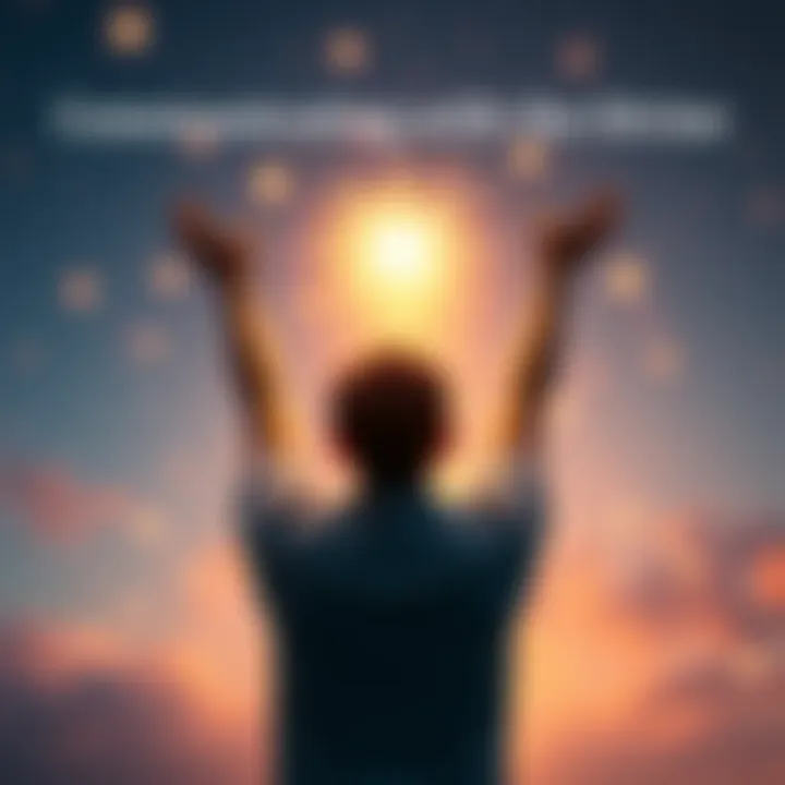 Communicating with the Divine A person standing with hands raised, looking up to the sky, surrounded by soft glowing lights, representing a connection to the divine.