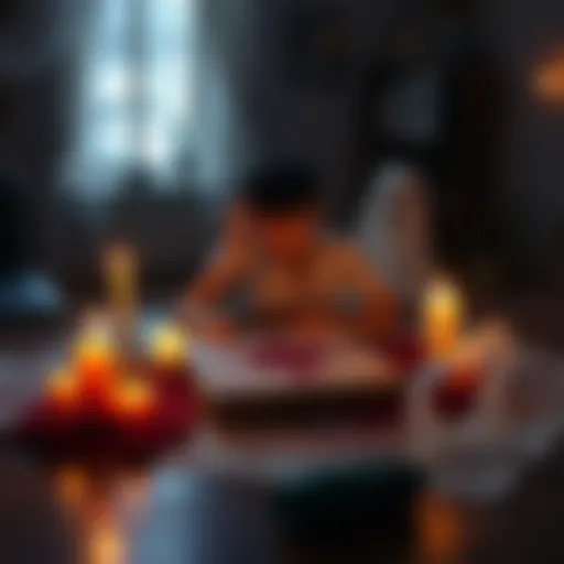 A person sitting at a table with candles and a spirit board, attempting to contact a ghost.