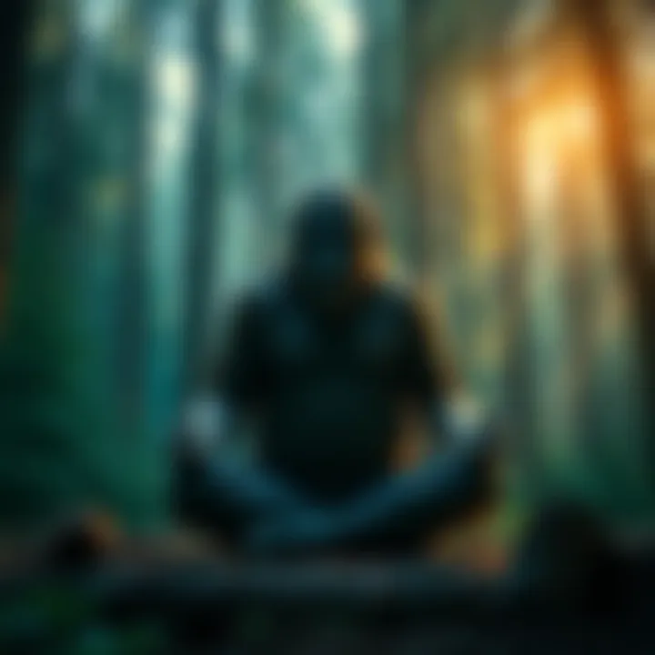 A person meditating in the forest, attempting to connect with Sasquatch through telepathy, with trees and nature surrounding them.