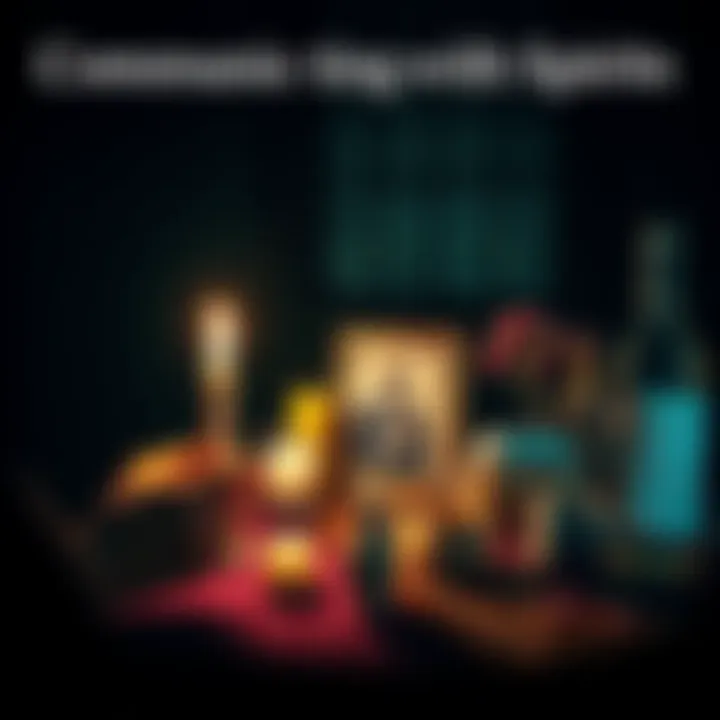 A person holding a candle in a dimly lit room, with a photo of a deceased loved one on a table, surrounded by various objects for spiritual communication.