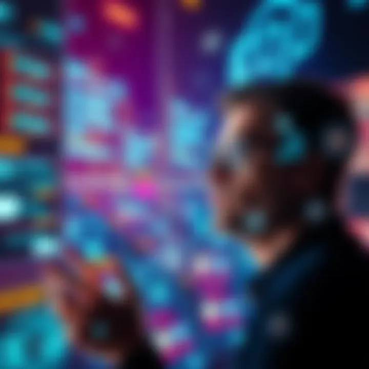 A person analyzing communication signals with a thoughtful expression, surrounded by digital messages and symbols.