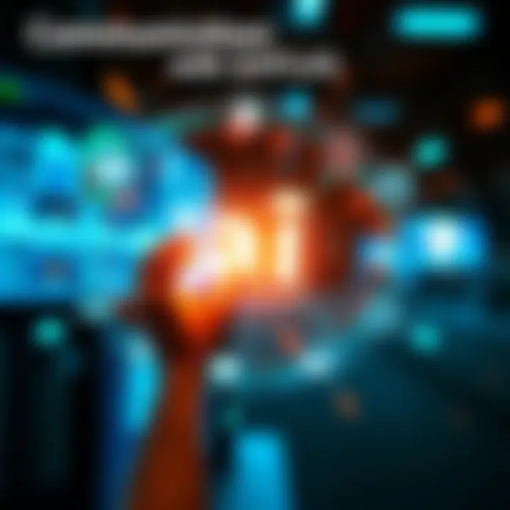 A person looking at a glowing screen with communication symbols and waves surrounding it, representing contact with 3I/ATLAS.