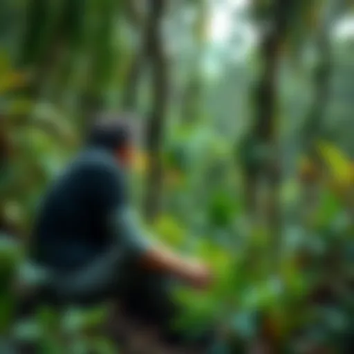 A person sitting in a lush green forest, looking contemplative while surrounded by various plants, symbolizing their connection with plant spirits.