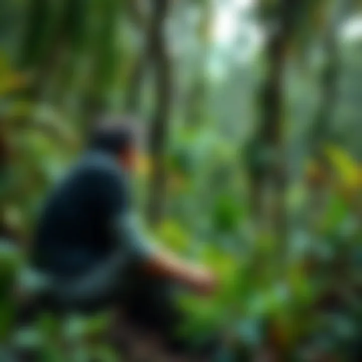 A person sitting in a lush green forest, looking contemplative while surrounded by various plants, symbolizing their connection with plant spirits.