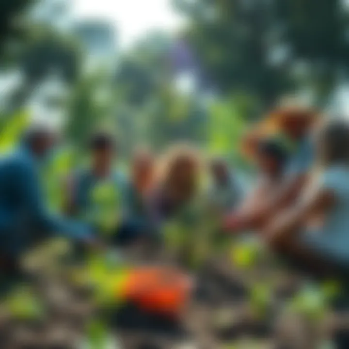 A diverse group of people collaborating outdoors to create a sustainable community, planting trees and discussing ideas.