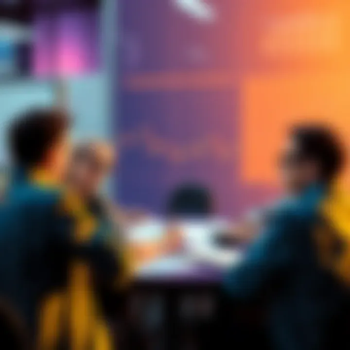 A group of people engaged in conversation about identifying themes in charts, with graphs and notes in front of them.