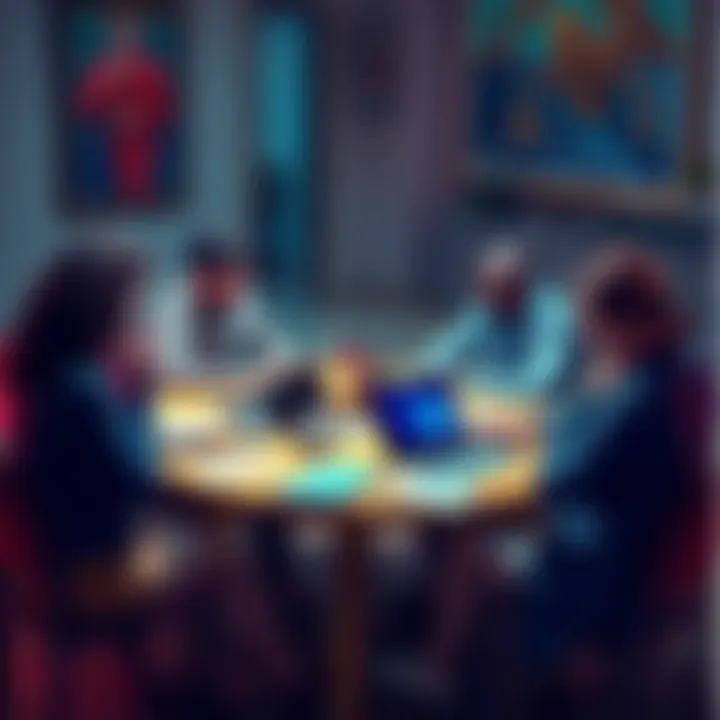 A group of people sitting around a table with papers and laptops, discussing and sharing information about the Roy Jay conspiracy study.