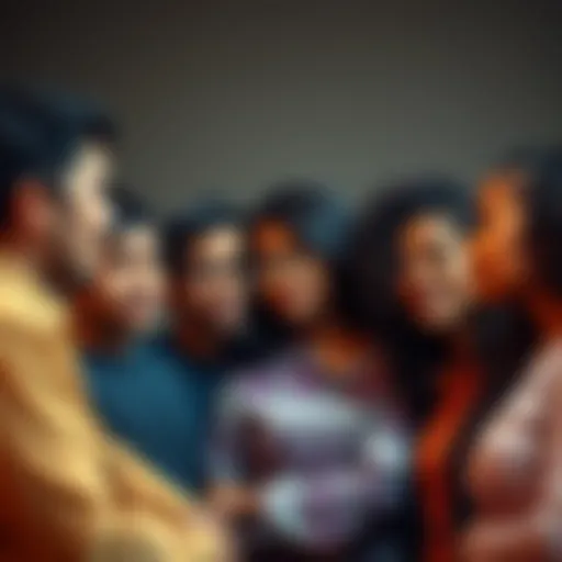 A group of diverse people engaging in a serious discussion about community strictness and inclusiveness, showing various expressions of concern and interest.