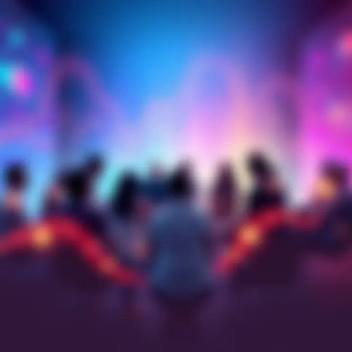 A group of people sitting in a circle, engaged in a discussion about higher frequencies and vibrations, with colorful sound waves illustrated around them.