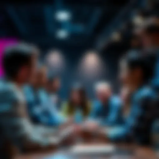 A diverse group of people discussing ideas and sharing advice in an online forum setting.