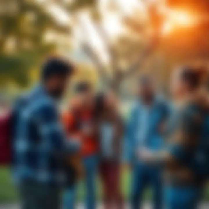 A diverse group of people engaging in conversation in a park, showcasing social interaction and community strength