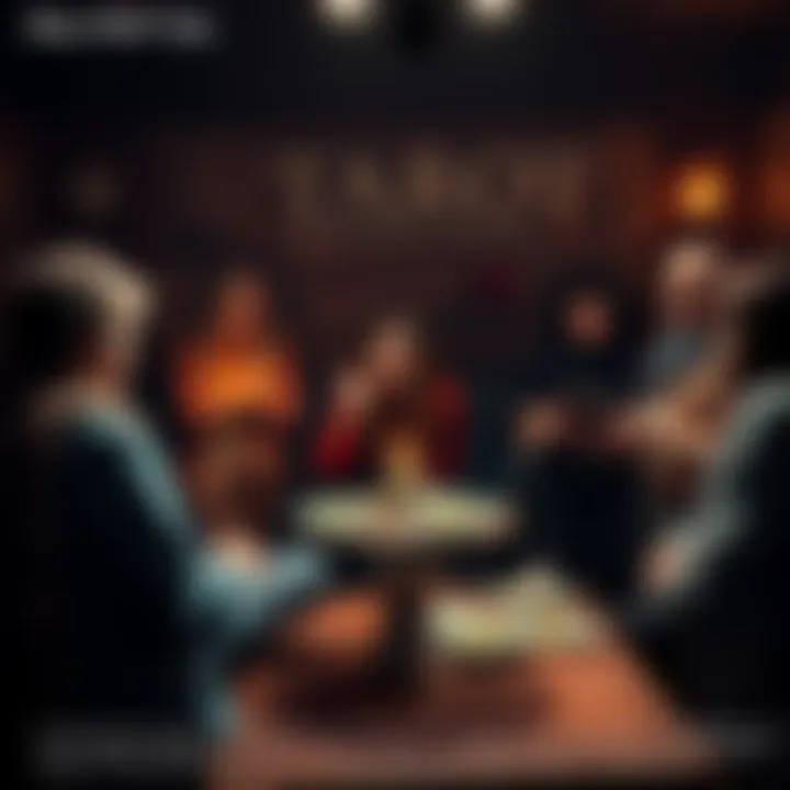 A group of people sharing their tarot experiences and favorite decks in a friendly community setting.