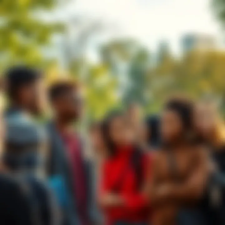 A group of diverse people standing together, looking thoughtful as they engage in a discussion about their roles in society, with a park setting in the background.