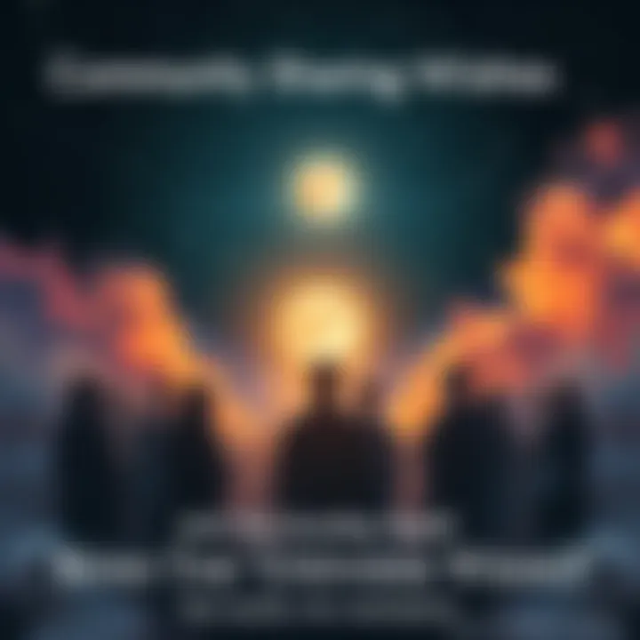 A group of people gathering around a glowing orb, sharing their wishes and intentions, with a cosmic background of stars and the new moon shining brightly.
