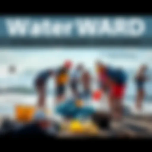 A group of people participating in a beach cleanup, collecting trash and protecting aquatic resources.