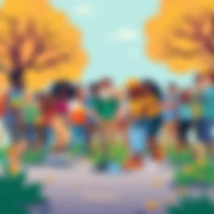 Illustration of a diverse group of community members uniting for a cleanup effort, showcasing positivity and teamwork, with elements of nature and vibrant colors