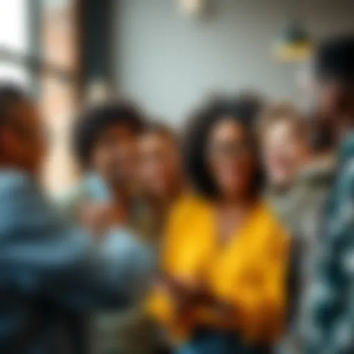 A group of diverse individuals engaging in conversation and activities together, smiling and sharing ideas to build community.