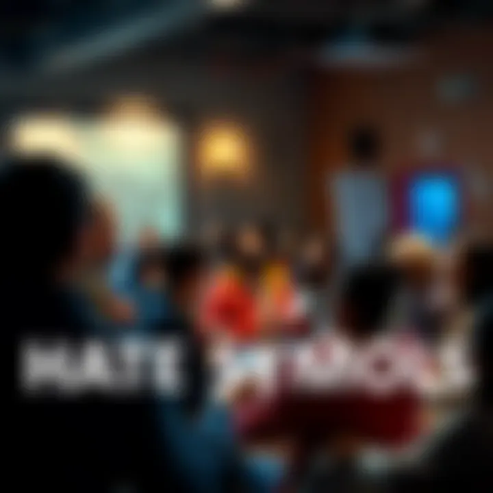 Community Discussion on Hate Symbols People gathered in a community forum sharing ideas about identifying a potential hate symbol, with notes and drawings visible.