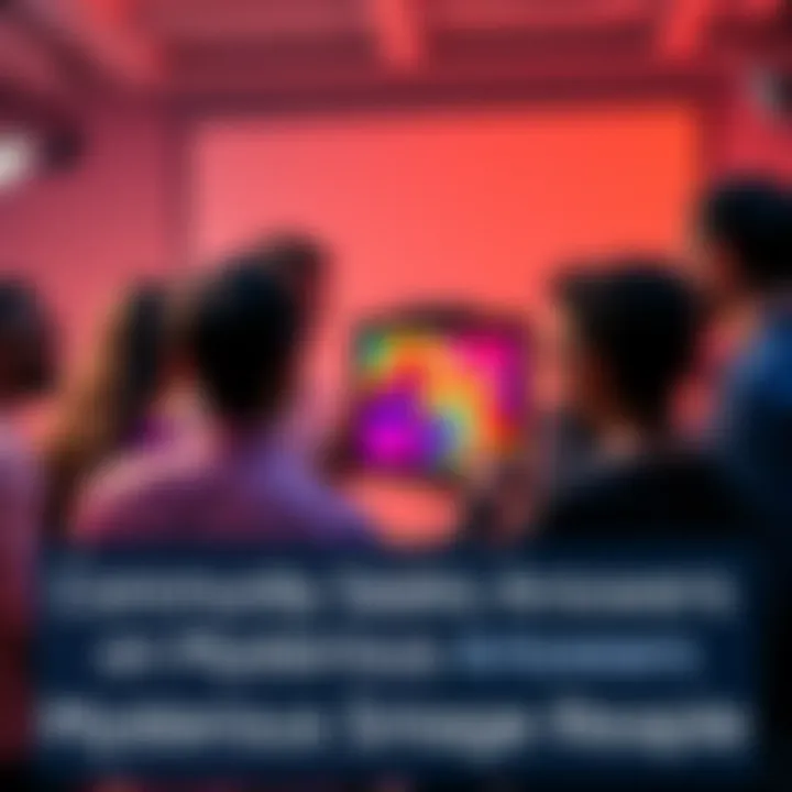 A diverse group of people discussing a colorful image on a device, engaged in sharing ideas and insights.