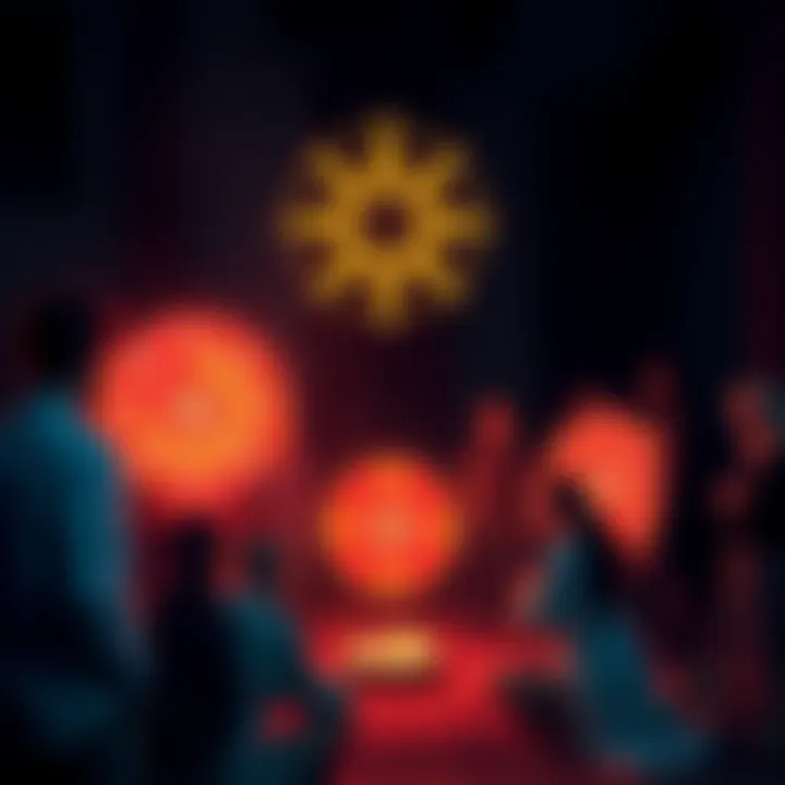Group of people gathering around glowing sigils for energy exchange and intention setting before a magical project