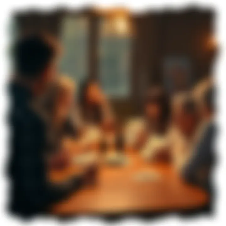 A group of people sitting around a table with tarot cards, discussing community feedback and growth.