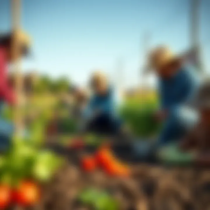 A group of people planting vegetables in a community garden, promoting independent farming and collaboration.