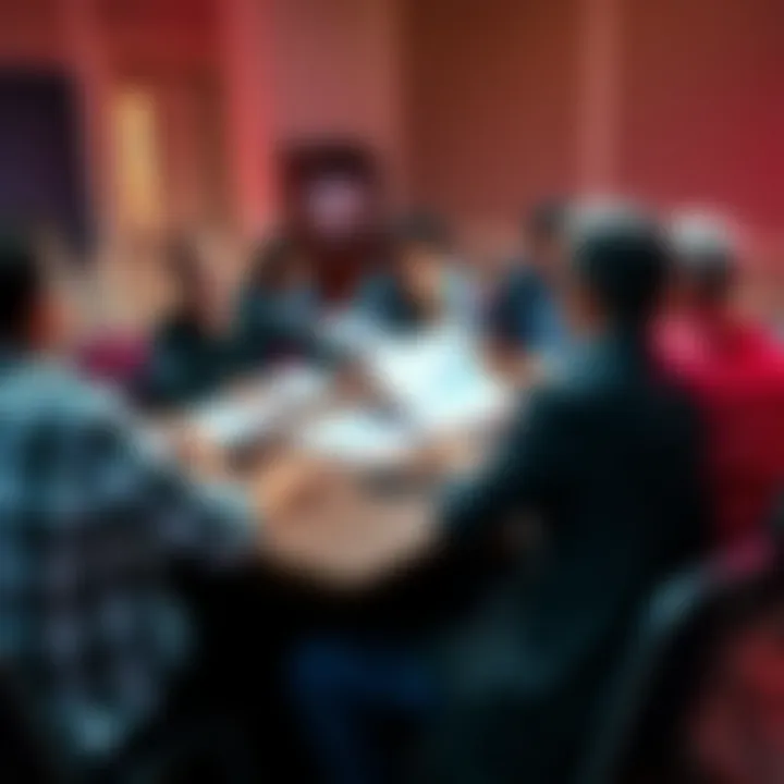 A group of people in a community forum expressing frustration over paid body subs, with documents and charts on a table showing trends in fees.