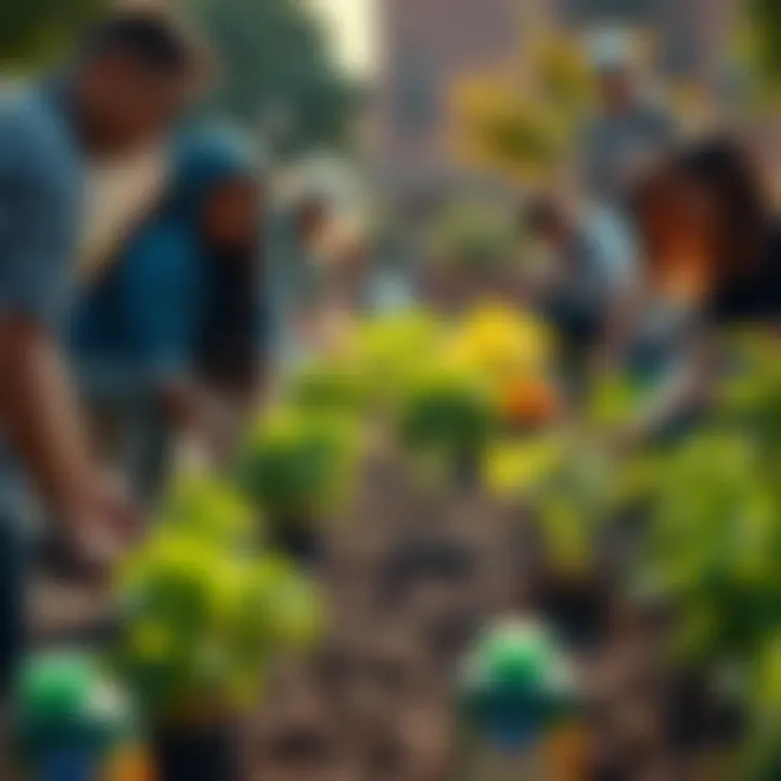 A diverse group of people planting vegetables and flowers in a community garden, working together for a common goal.