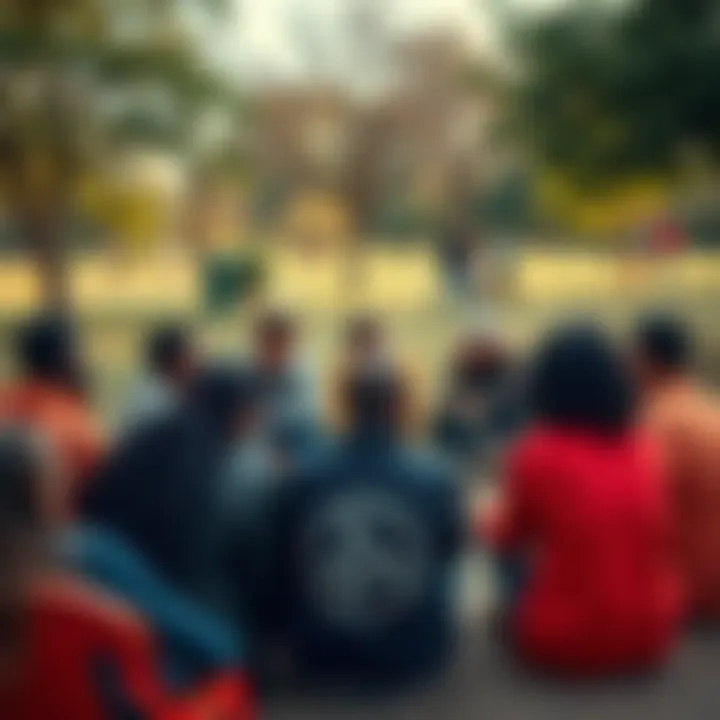 A group of diverse people sitting together in a circle, discussing and sharing ideas in a park setting, symbolizing cooperation and equality.