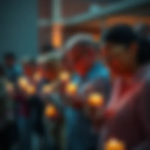 People gathered together showing support and sorrow over recent tragic news, holding candles and sharing tears.