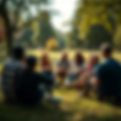 A diverse group of people sitting in a circle, discussing and sharing ideas in a park setting, fostering connections and support.