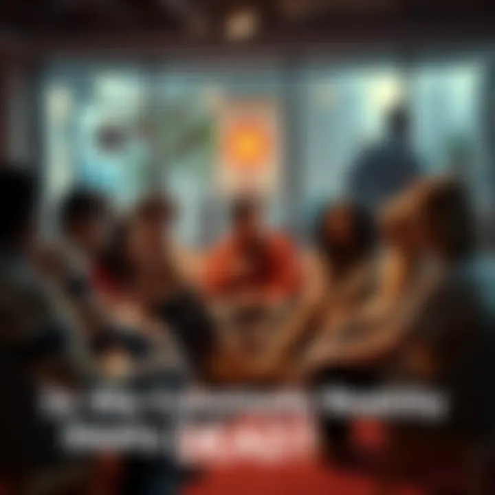 Community Gathering A group of people sitting in a circle, looking concerned and discussing, symbolizing the decline of a once-thriving community.