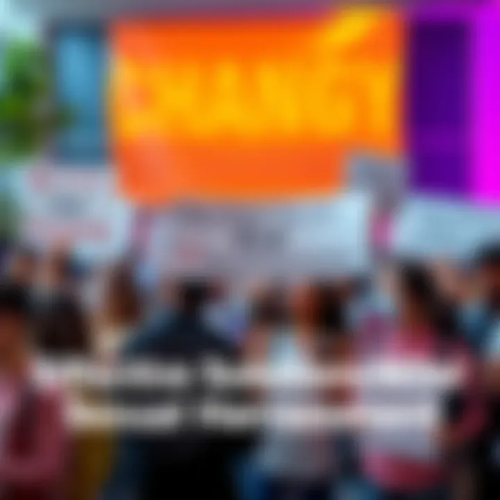 A diverse group of people standing together, holding signs advocating for an end to sexual harassment, showing unity and support in a community setting.