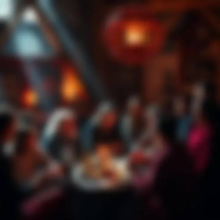 A group of people gathered together, sharing ideas and participating in a community meeting about a magickal organization, with symbols and tools of magick around them.